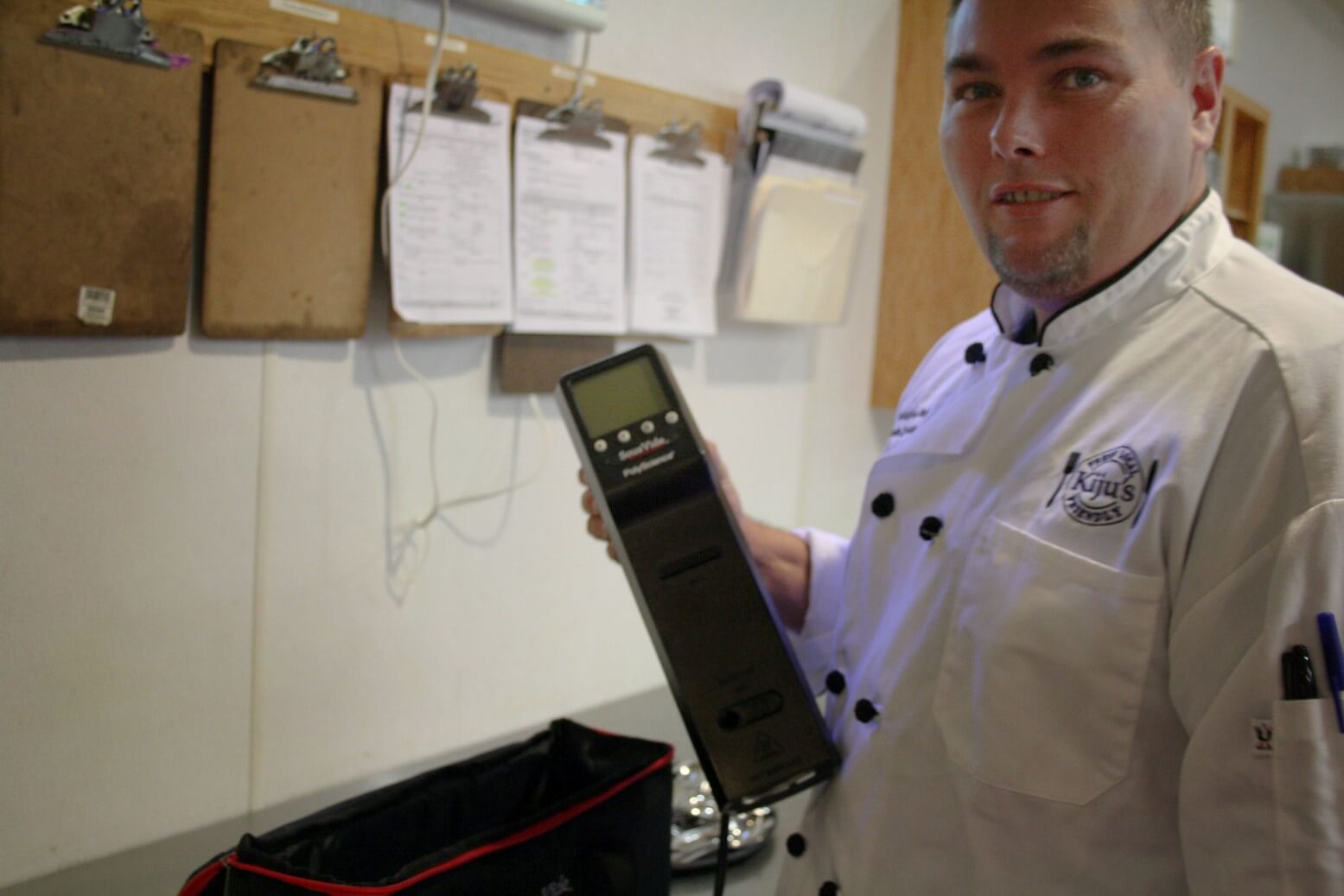 Chef Zwarun shows me his new Sous Vide machine, which he's learning how to use. 